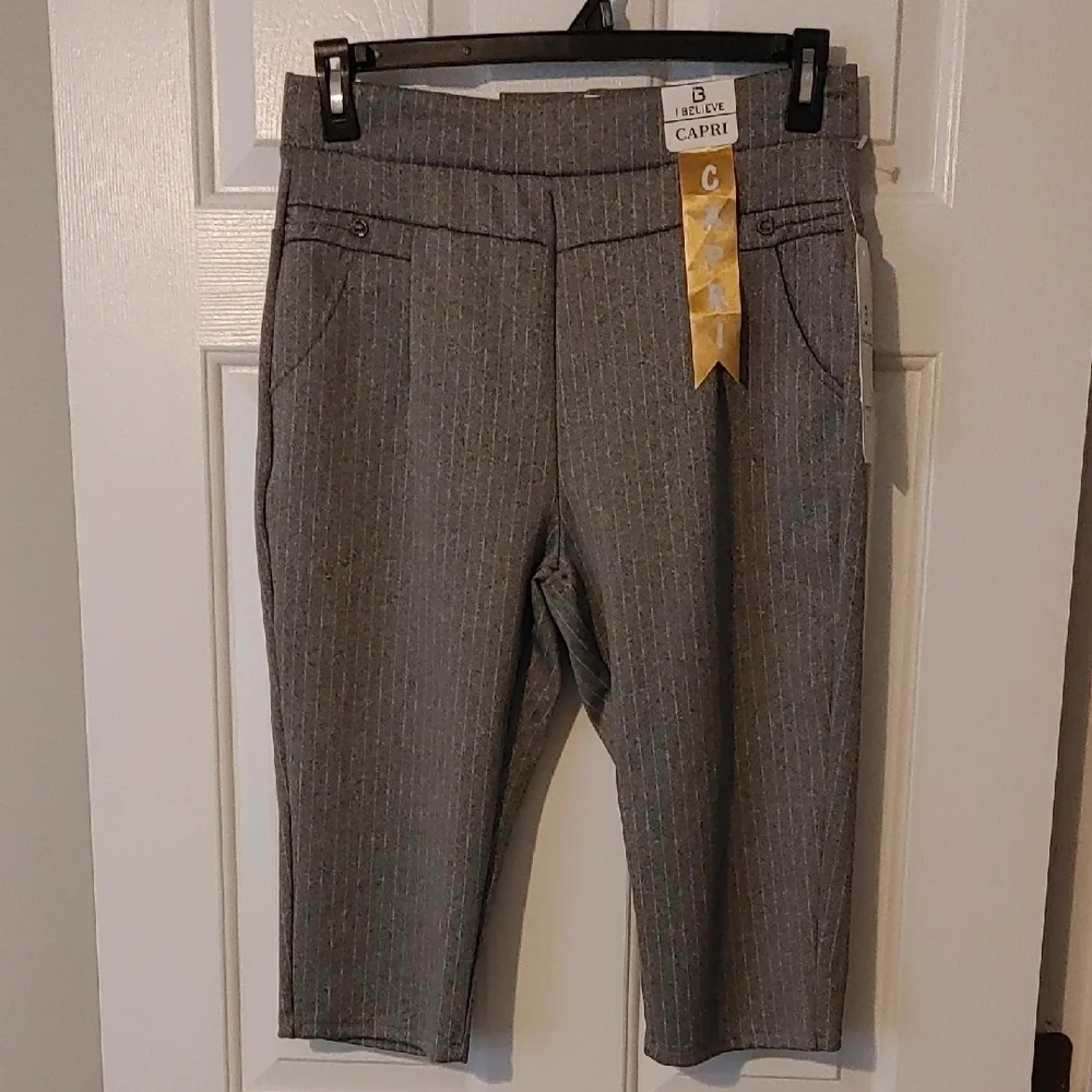 NWT Women's Sz Lg Gray Pinstripe Knee-Length Capri Pant Academia Grunge Preppy